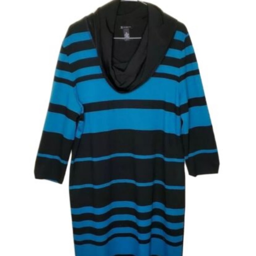 New Direction Dress XL Womens Sheath Striped Black Blue Midi Shawl Collar